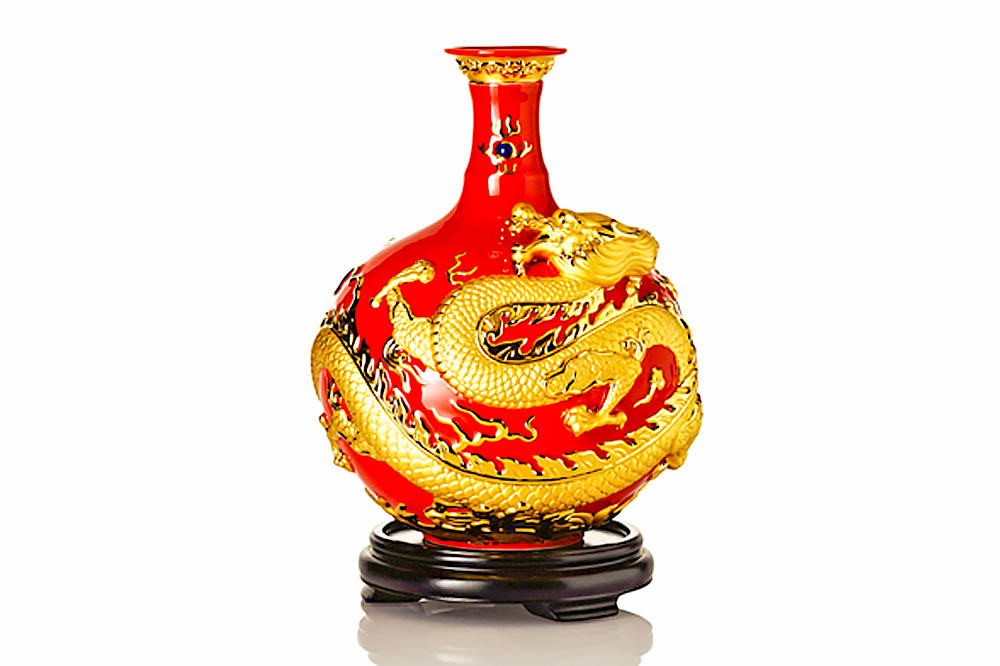 【乾唐軒／乾唐彩】龍報平安球瓶 (紅金 / 附木座)